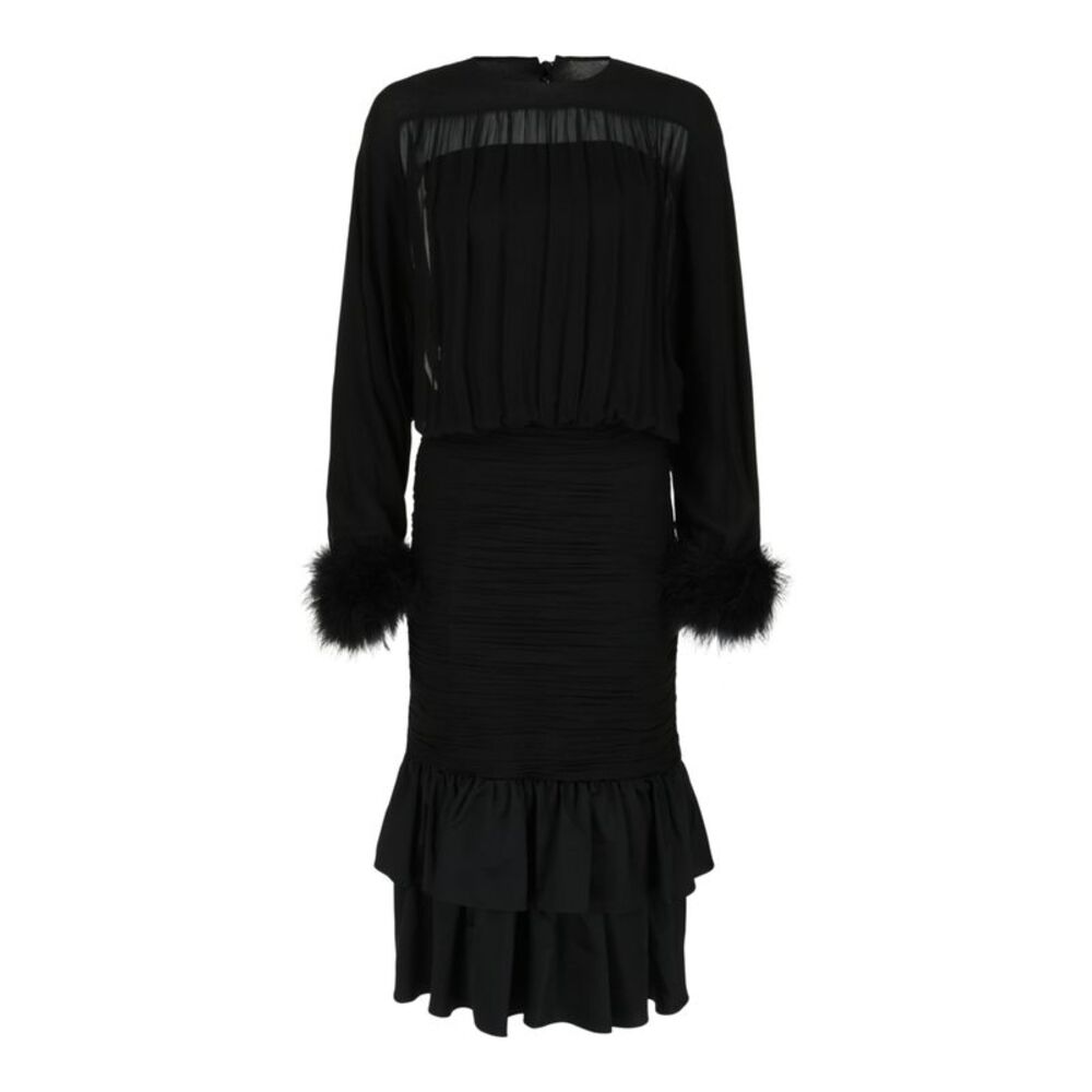 Valentino Ruched Georgette Midi Dress with Feather Cuffs Black Womens